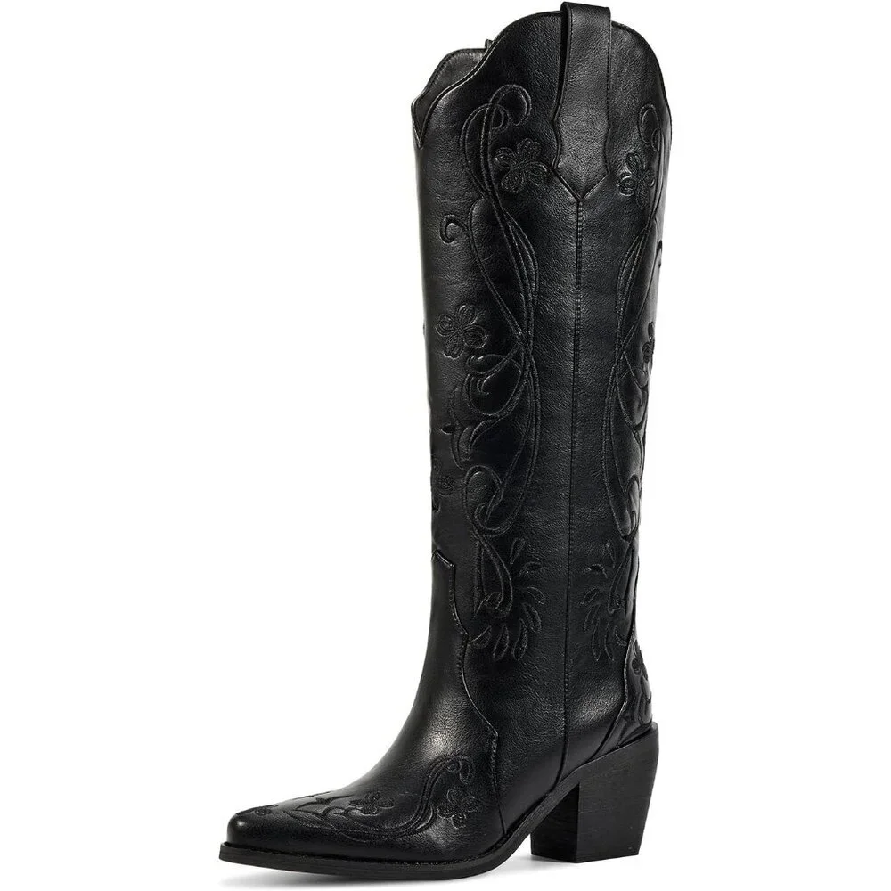 Women Classic Black Floral Knee High Cowgirl Boots, Western Boots with Pointed